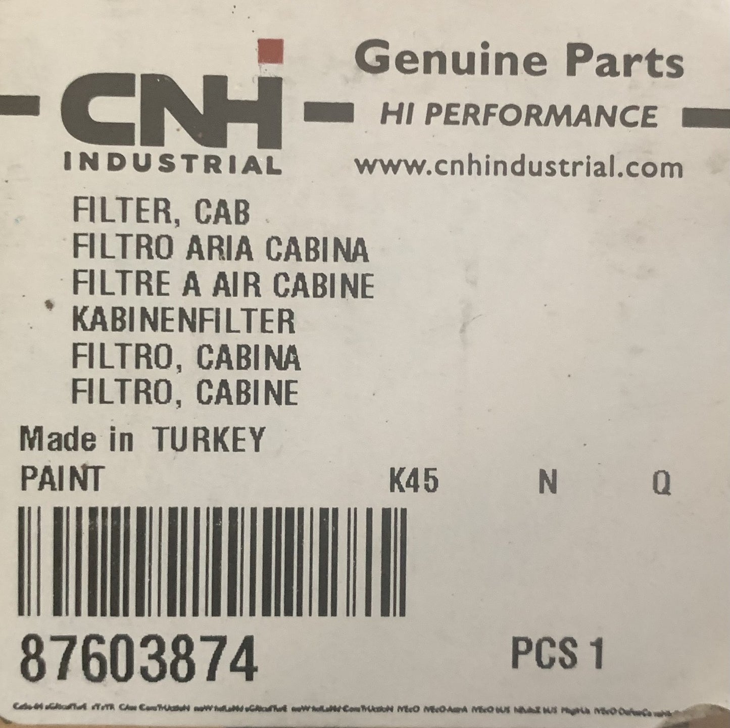 Genuine CNH 87603874 (87385322 82034660), Cabin Air Filter, CaseIH/New Holland