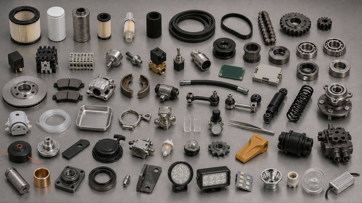 Industrial parts including filters, belts, bearings, brakes and lighting laid out on a workbench